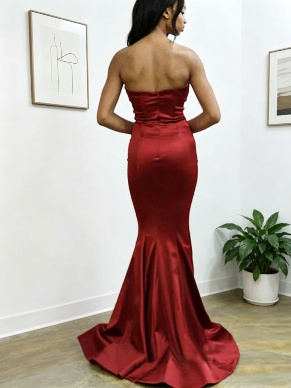 Burgundy Mermaid Sweetheart Satin High Slit Evening Dress - Chloe Dress