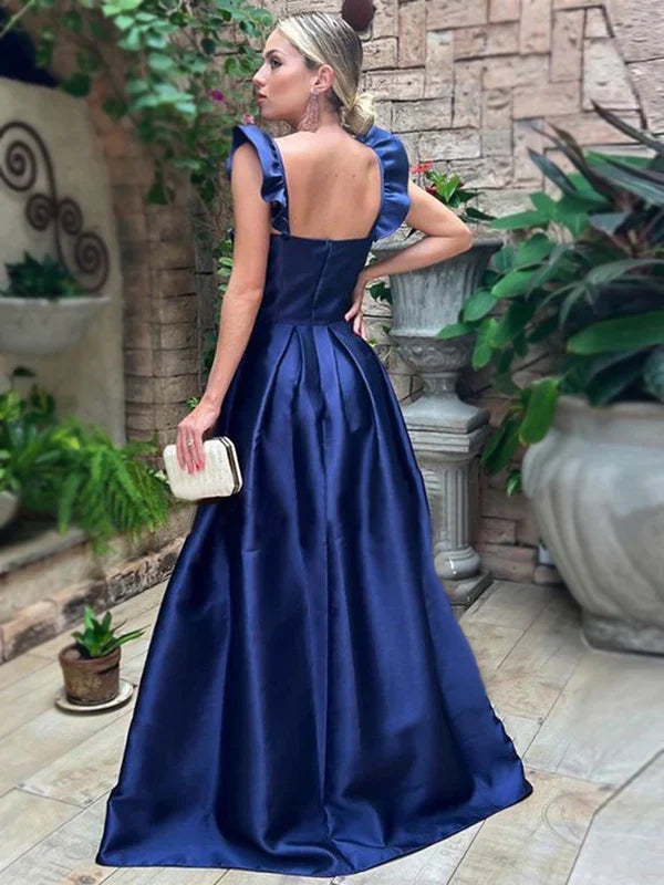 A-Line Sweetheart Satin Open Back Ruffled Floor-Length Evening Dress - Chloe Dress