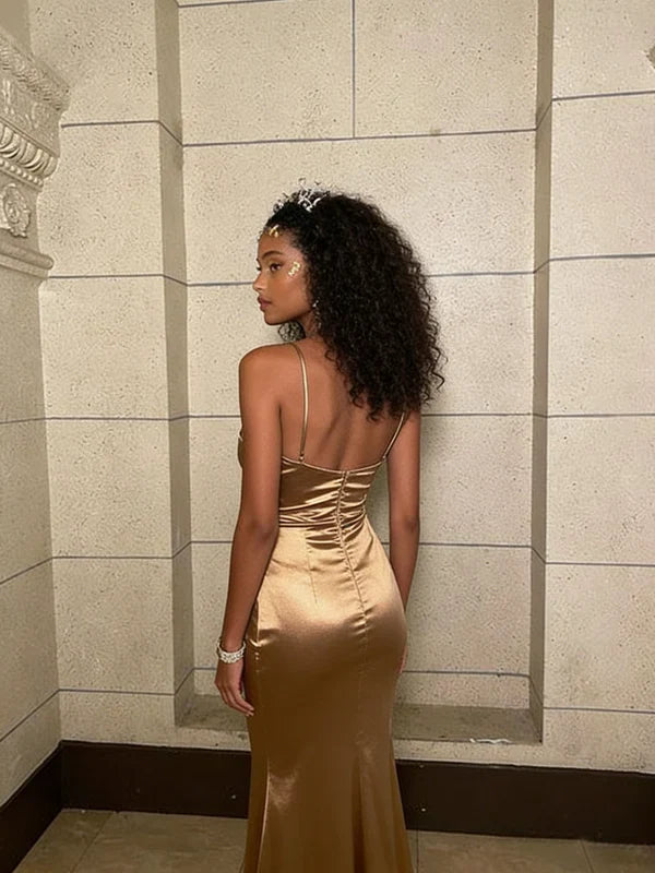 Gold Mermaid Spaghetti Strap Satin Open Back Floor-Length Evening Dress - Chloe Dress