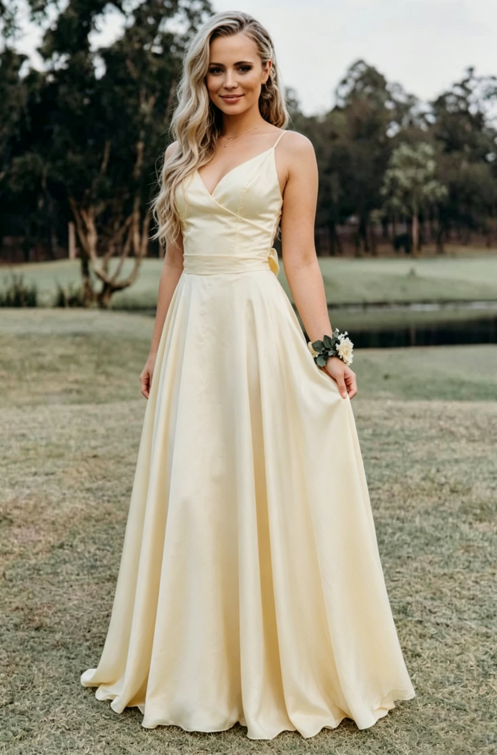 A-Line V-Neck Satin Floor-Length Evening Dress - Chloe Dress