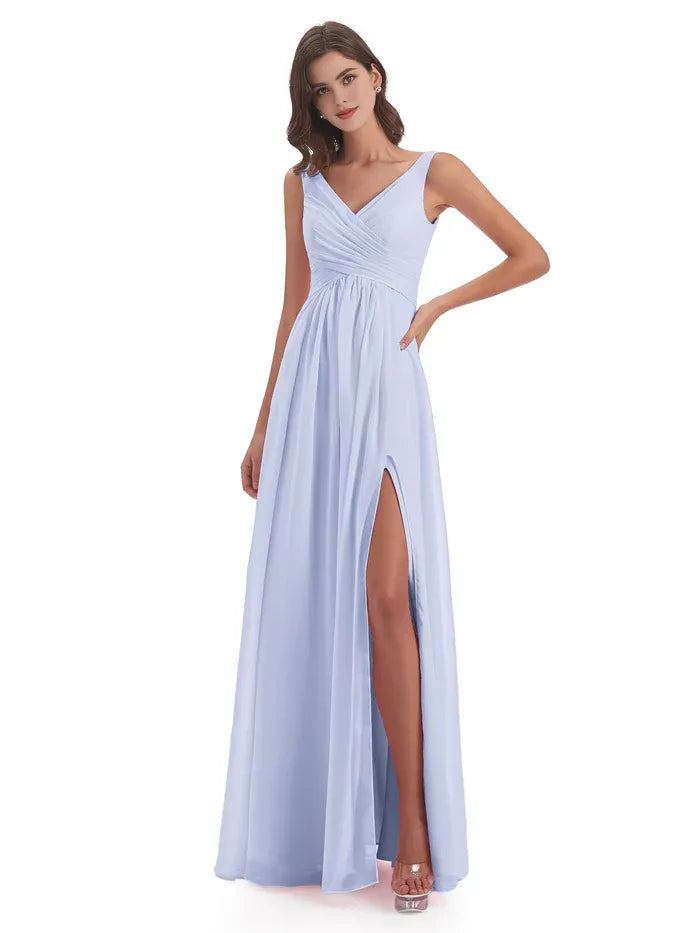 A-Line V-Neck Chiffon Sleeveless Pleated Floor-Length Wedding Dress - Chloe Dress