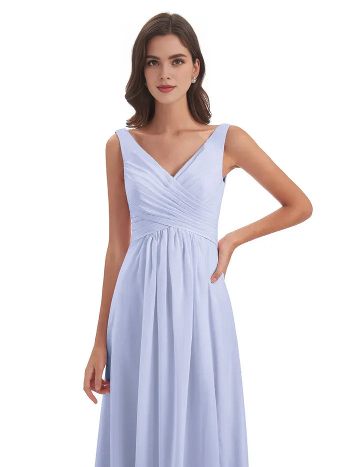 A-Line V-Neck Chiffon Sleeveless Pleated Floor-Length Wedding Dress - Chloe Dress