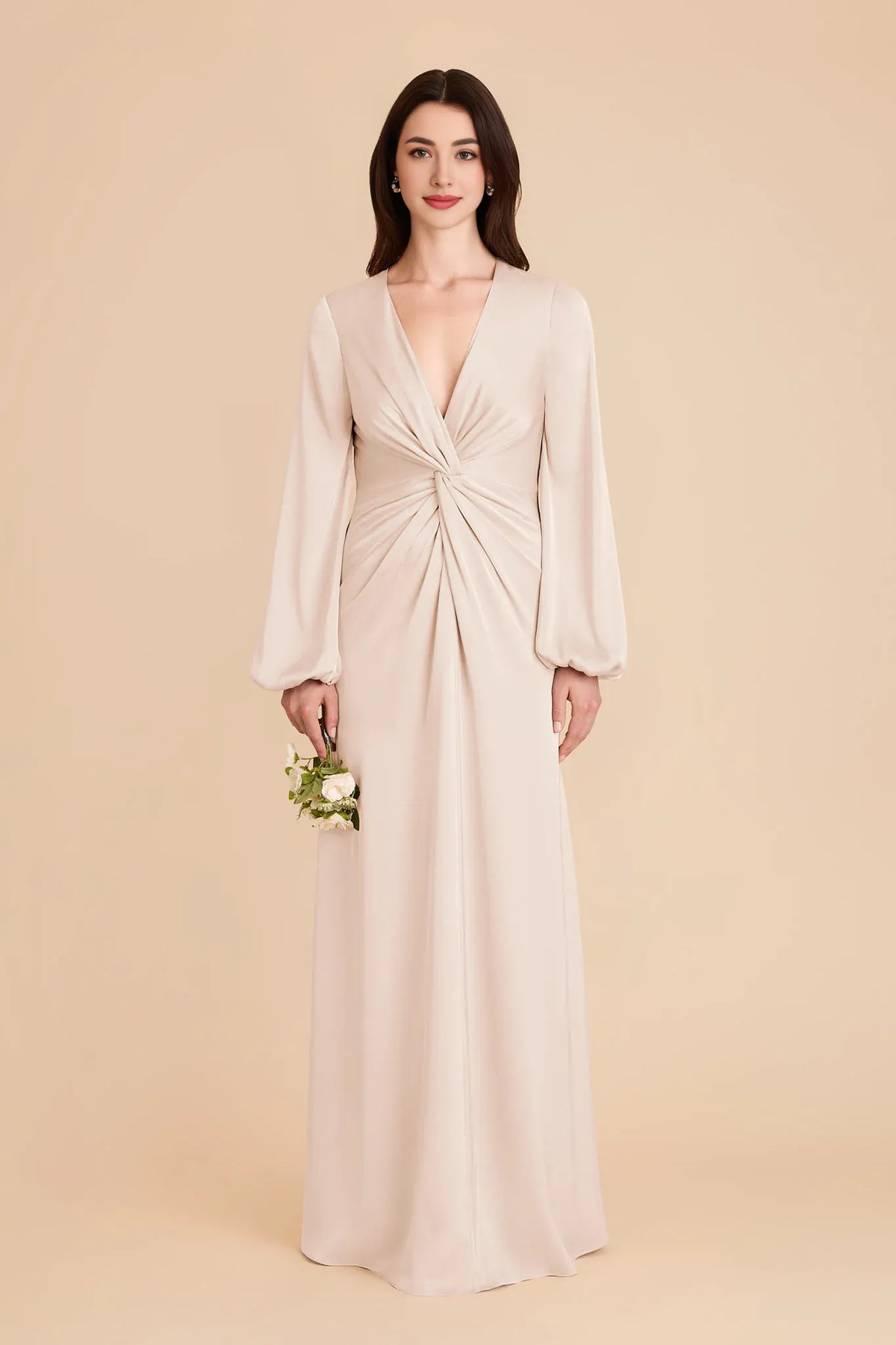 V-Neck Satin Long Sleeve Floor-Length Wedding Dress - Chloe Dress