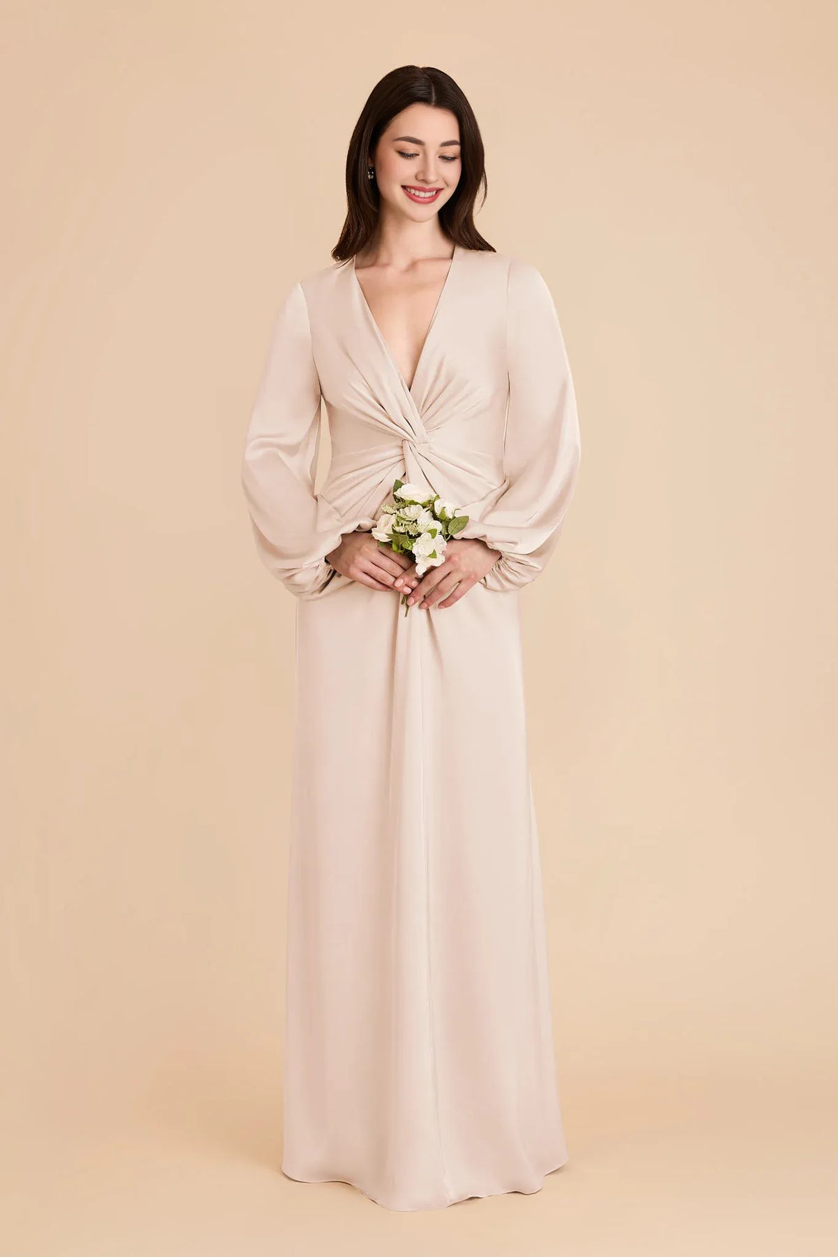 V-Neck Satin Long Sleeve Floor-Length Wedding Dress - Chloe Dress