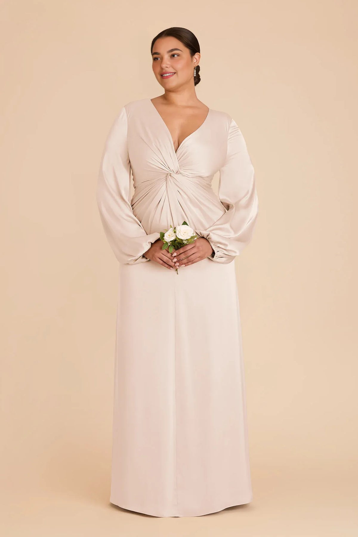 V-Neck Satin Long Sleeve Floor-Length Wedding Dress - Chloe Dress