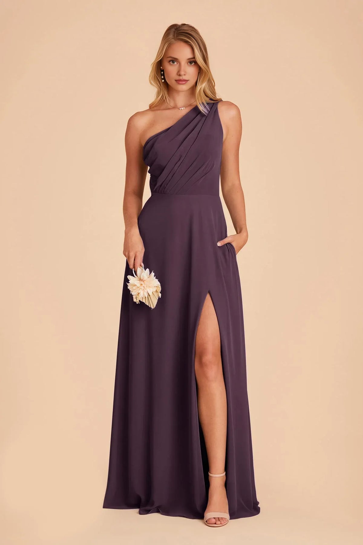 Plum One-Shoulder Chiffon Pleated Floor-Length Wedding Dress - Chloe Dress