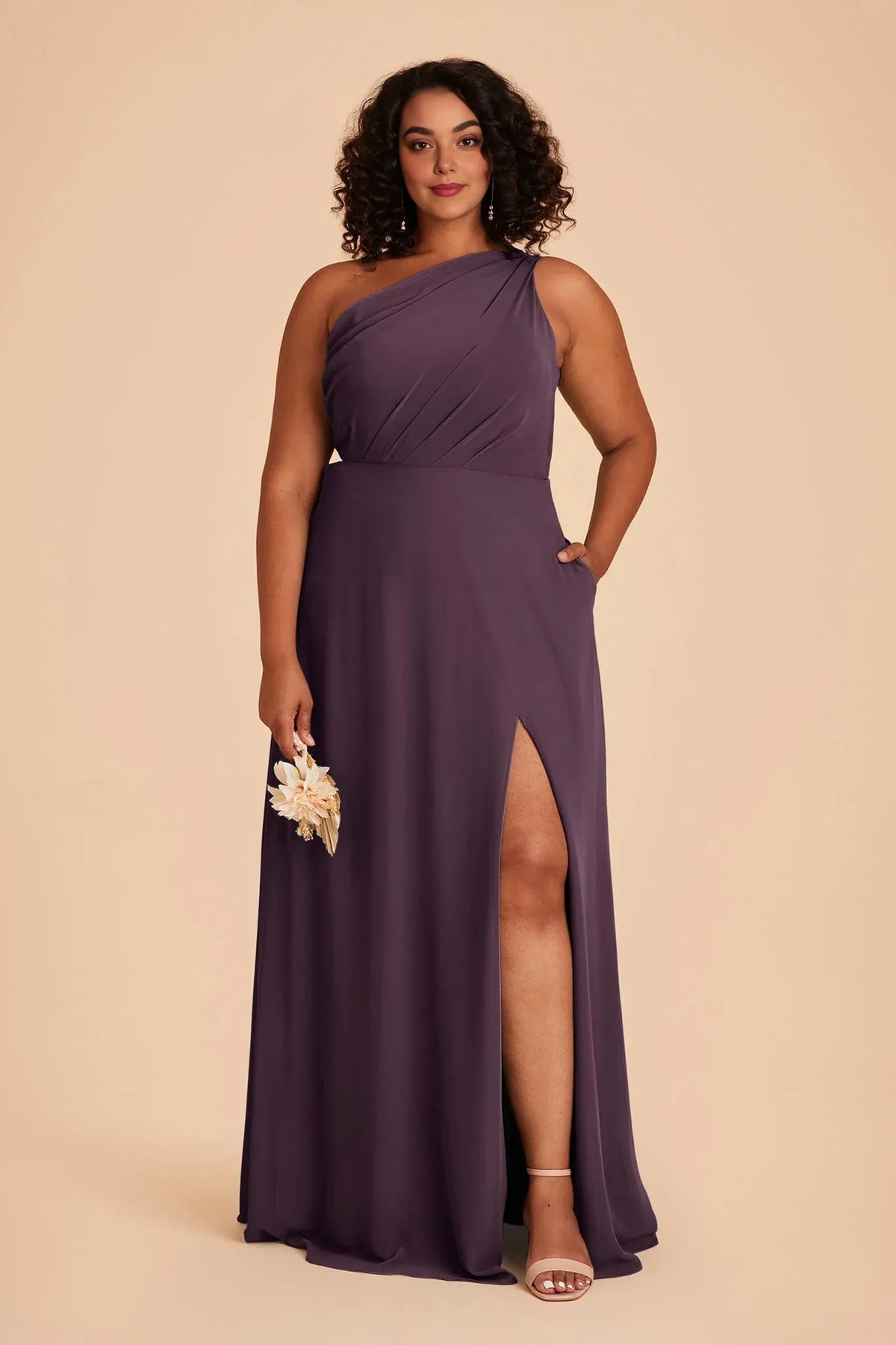 Plum One-Shoulder Chiffon Pleated Floor-Length Wedding Dress - Chloe Dress