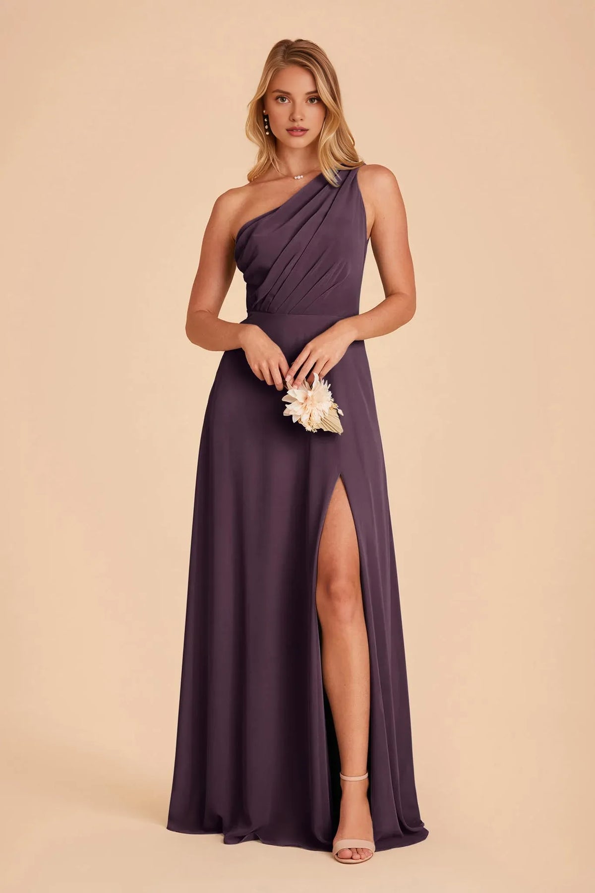 Plum One-Shoulder Chiffon Pleated Floor-Length Wedding Dress - Chloe Dress