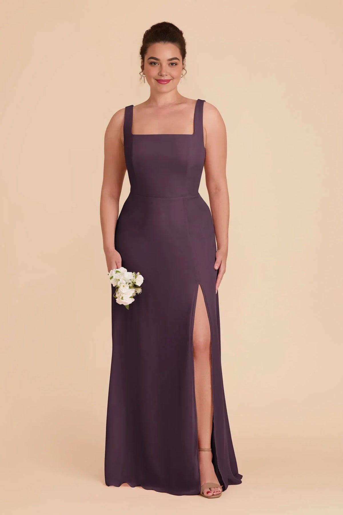 Plum Square Neck Chiffon Sleeveless Floor-Length Wedding Dress - Chloe Dress