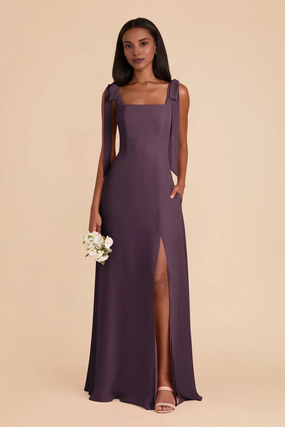 Plum Square Neck Chiffon Sleeveless Floor-Length Wedding Dress - Chloe Dress
