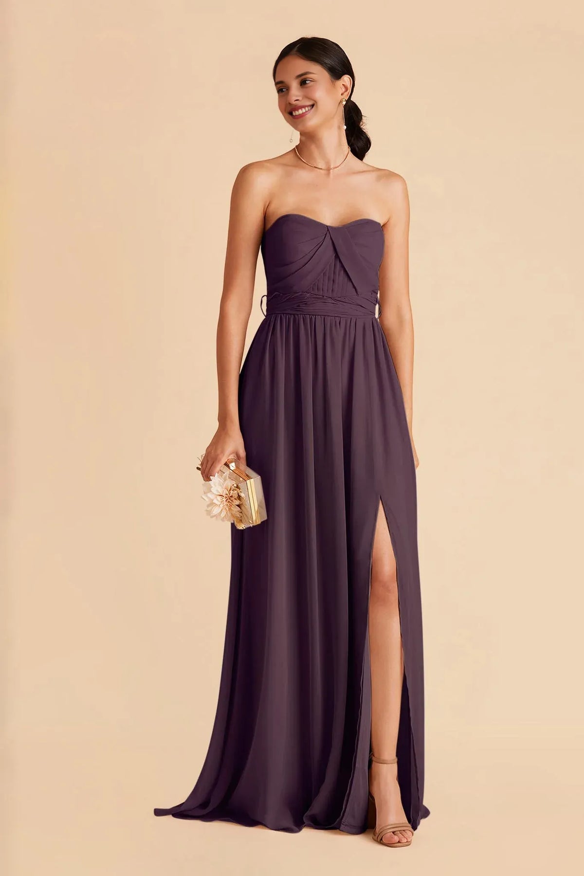 Plum Strapless Chiffon Pleated Floor-Length Wedding Dress - Chloe Dress