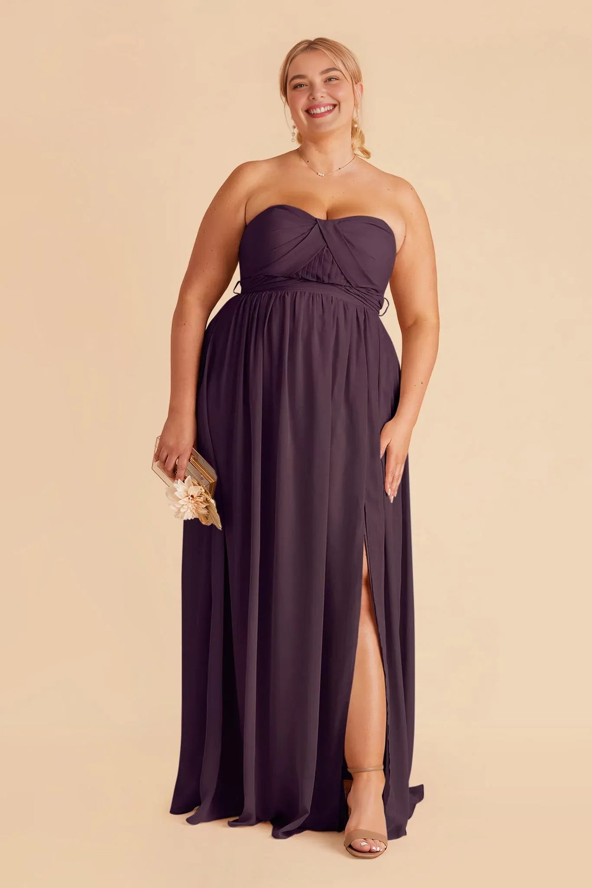 Plum Strapless Chiffon Pleated Floor-Length Wedding Dress - Chloe Dress