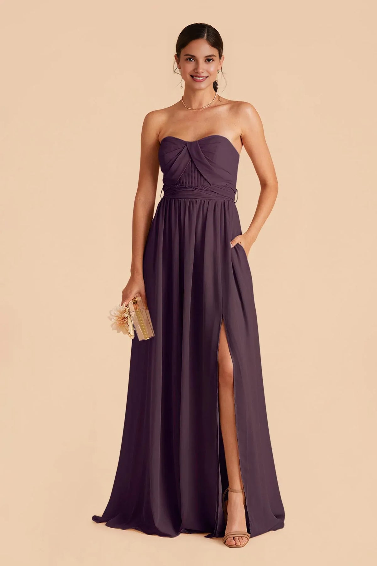 Plum Strapless Chiffon Pleated Floor-Length Wedding Dress - Chloe Dress