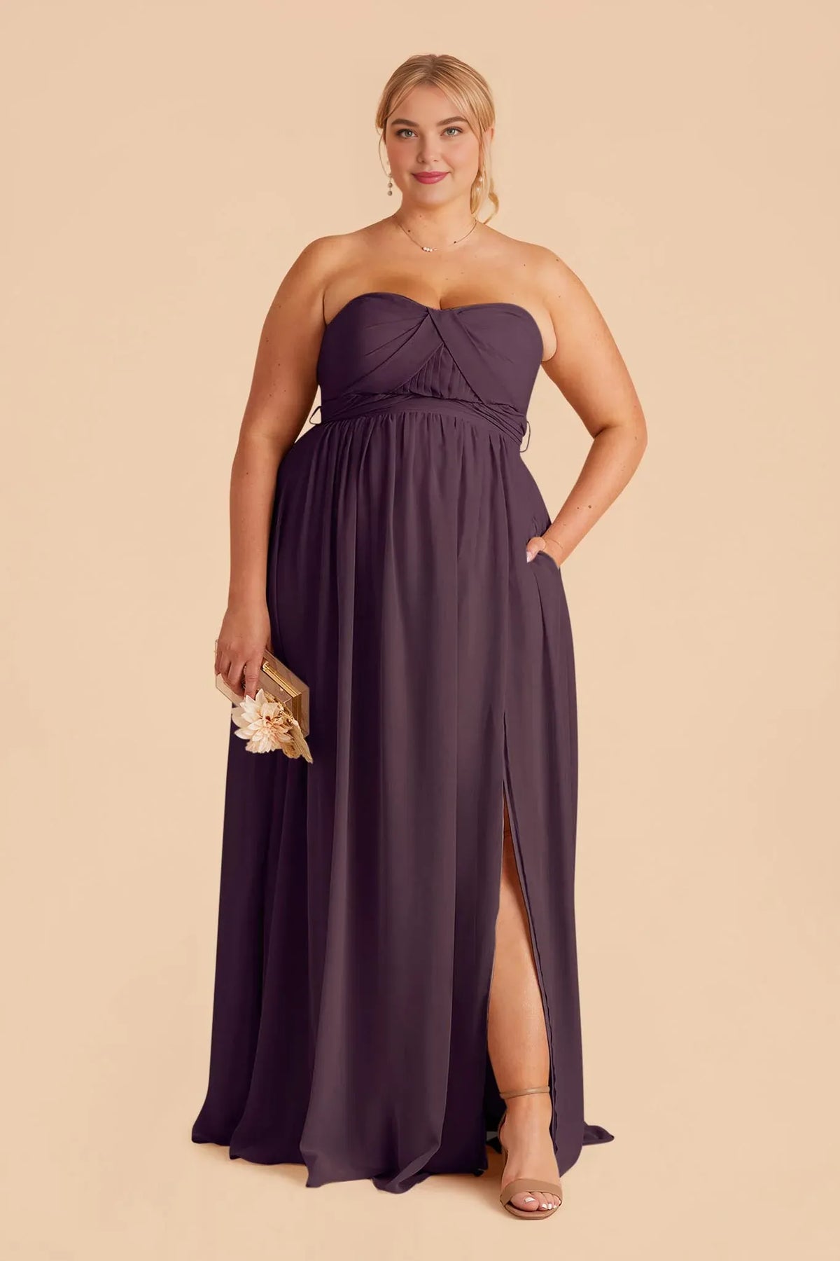 Plum Strapless Chiffon Pleated Floor-Length Wedding Dress - Chloe Dress