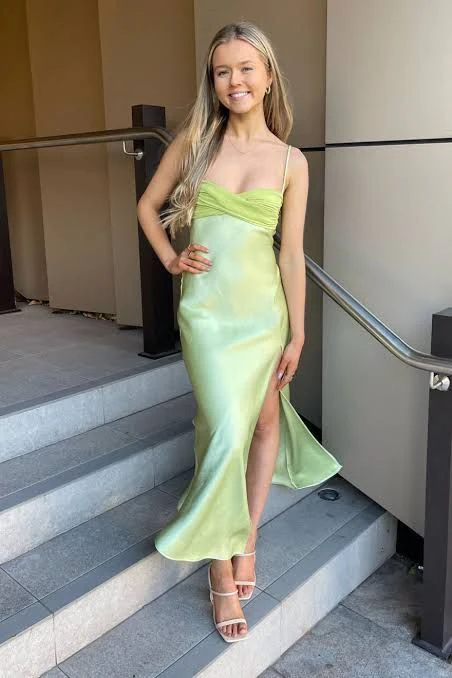 Green Spaghetti Strap Lace High Slit Evening Dress - Chloe Dress