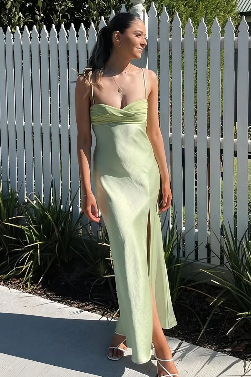 Green Spaghetti Strap Lace High Slit Evening Dress - Chloe Dress