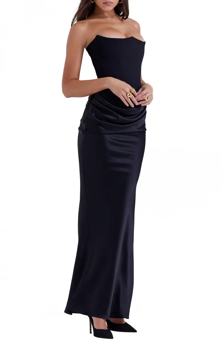 Black Strapless Satin Lace-Up Back Prom Dress - Chloe Dress