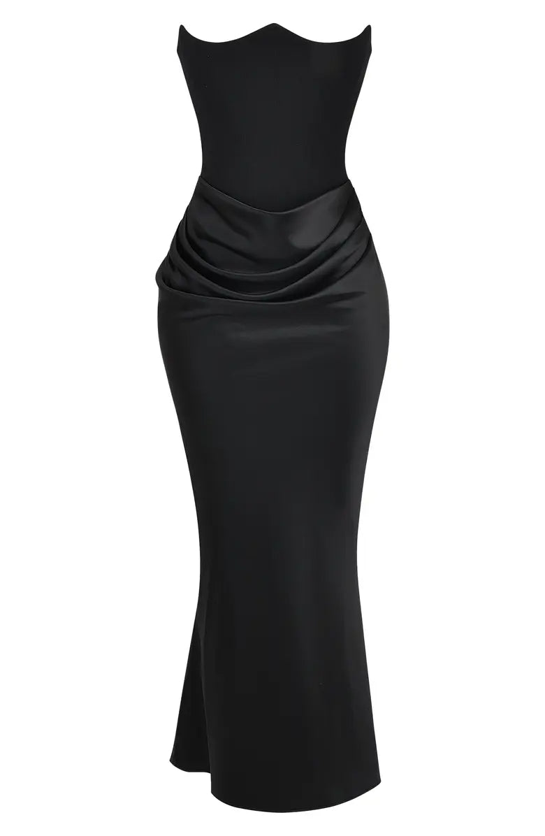 Black Strapless Satin Lace-Up Back Prom Dress - Chloe Dress