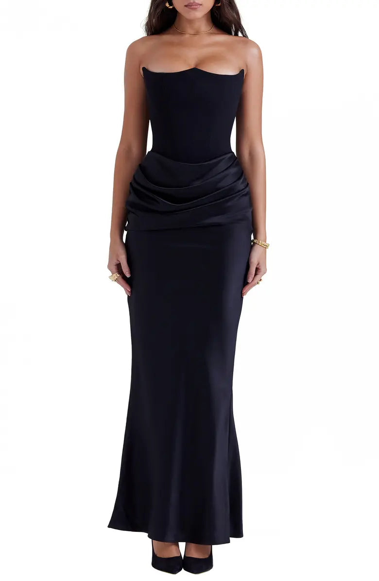 Black Strapless Satin Lace-Up Back Prom Dress - Chloe Dress