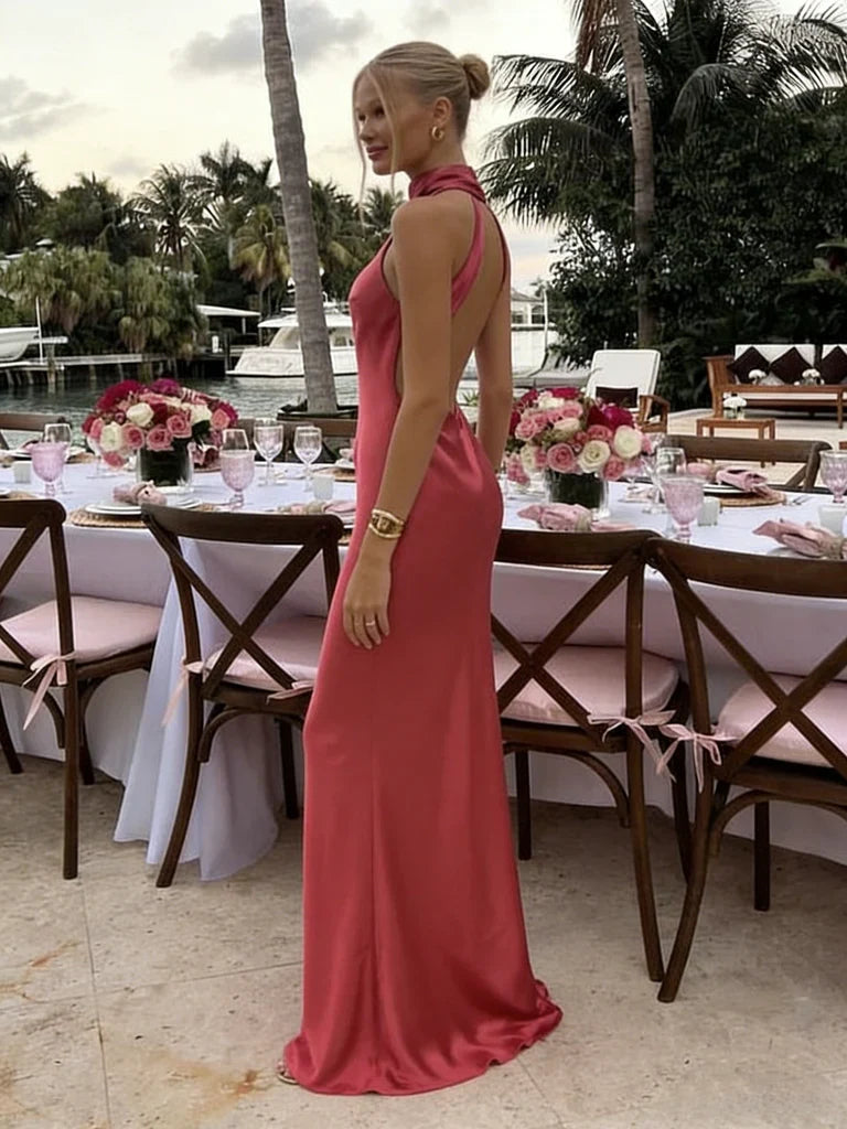 Mermaid High Neck Satin Floor-Length Evening Dress - Chloe Dress