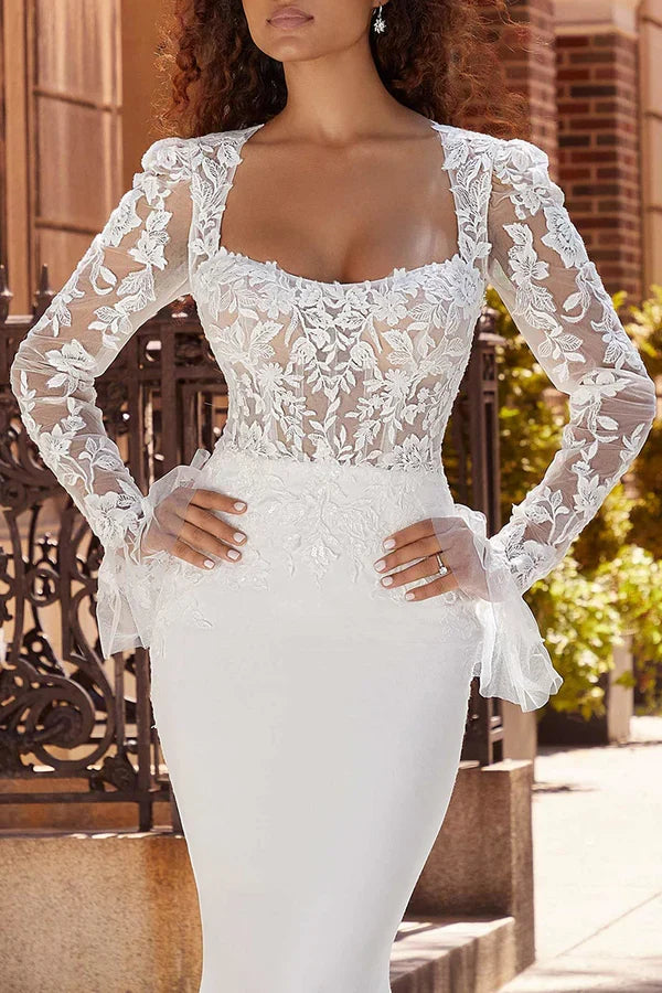 Square Neck Long Sleeve Wedding Dress - Chloe Dress