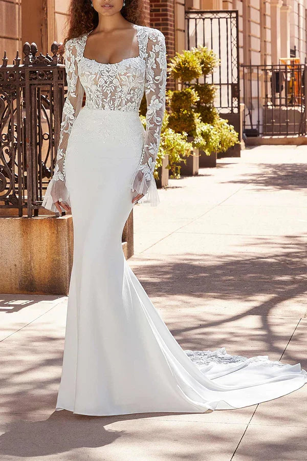 Square Neck Long Sleeve Wedding Dress - Chloe Dress