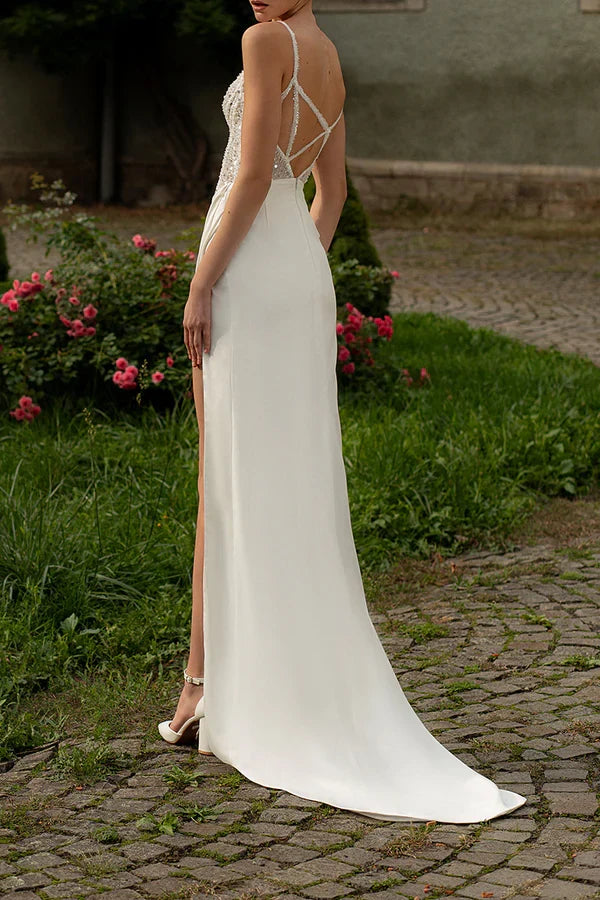 V-Neck Satin Pleated Wedding Dress - Chloe Dress