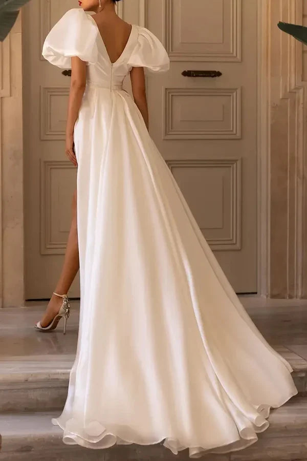 A-Line V-Neck Short Sleeve High Slit Mini Wedding Dress - Chloe Dress