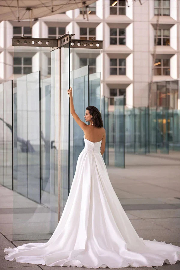 A-Line V-Neck Satin Long Sleeve High Slit Wedding Gown - Chloe Dress