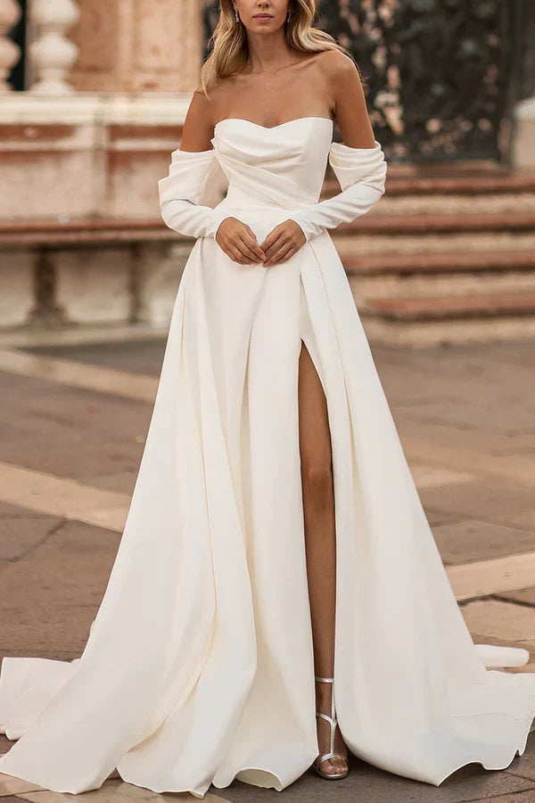 A-Line Sweetheart Satin Long Sleeve High Slit Wedding Dress - Chloe Dress