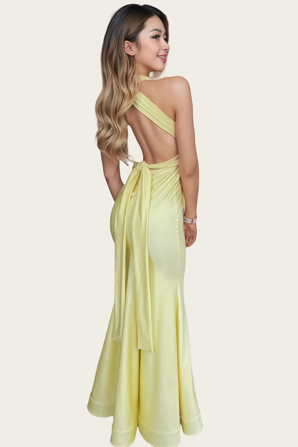 Yellow Halter Satin Open Back Prom Dress - Chloe Dress