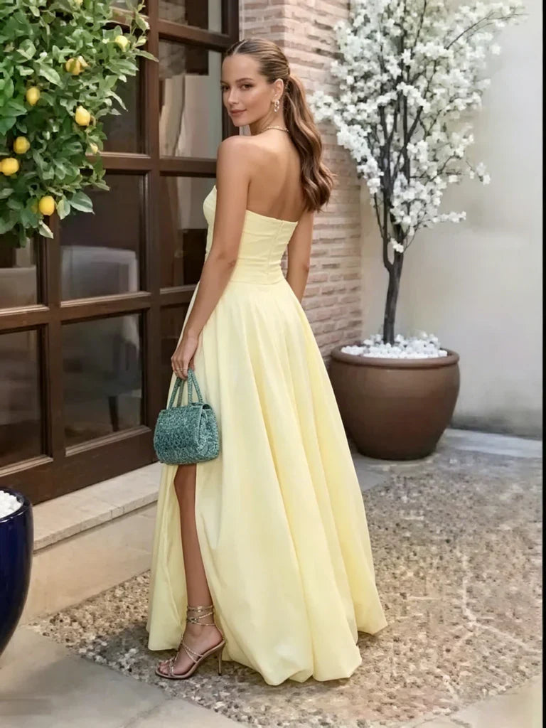 Yellow Strapless Open Back High Slit Floor-Length Evening Dress - Chloe Dress