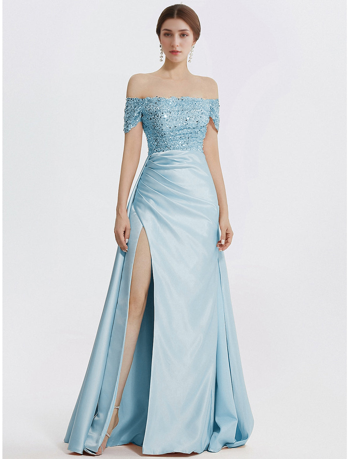 Sheath Off-Shoulder Sequin Short Sleeve High Slit Floor-Length Evening Gown - Chloe Dress