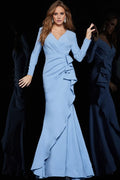 Light Blue Crepe Long Sleeve Ruffled Floor-Length Evening Dress - Chloe Dress
