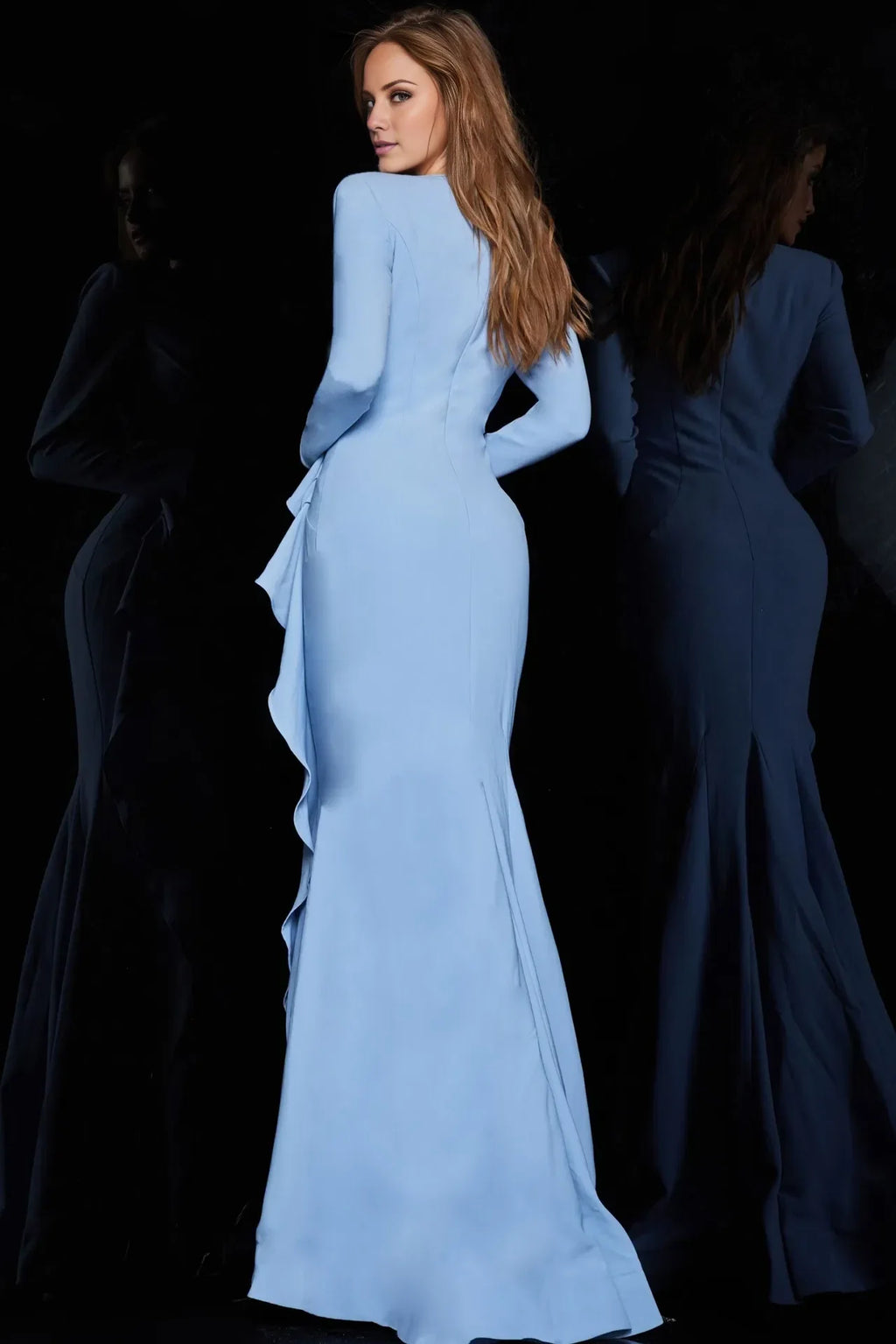 Light Blue Crepe Long Sleeve Ruffled Floor-Length Evening Dress - Chloe Dress