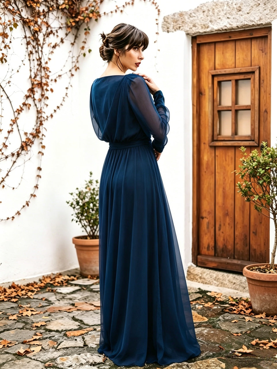 Chiffon Long Sleeve High Slit Floor-Length Evening Dress - Chloe Dress
