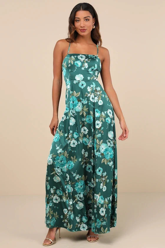 Teal A-Line Spaghetti Strap Satin Open Back Tea-Length Prom Dress - Chloe Dress