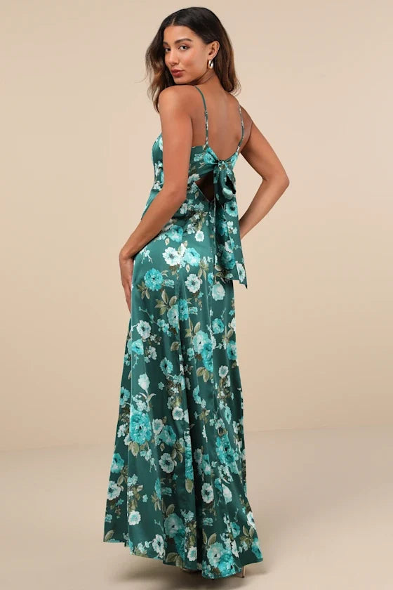 Teal A-Line Spaghetti Strap Satin Open Back Tea-Length Prom Dress - Chloe Dress