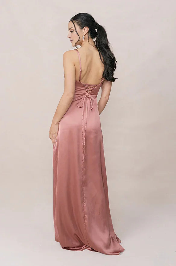 Dusty Rose Spaghetti Strap Satin Wedding Gown - Chloe Dress