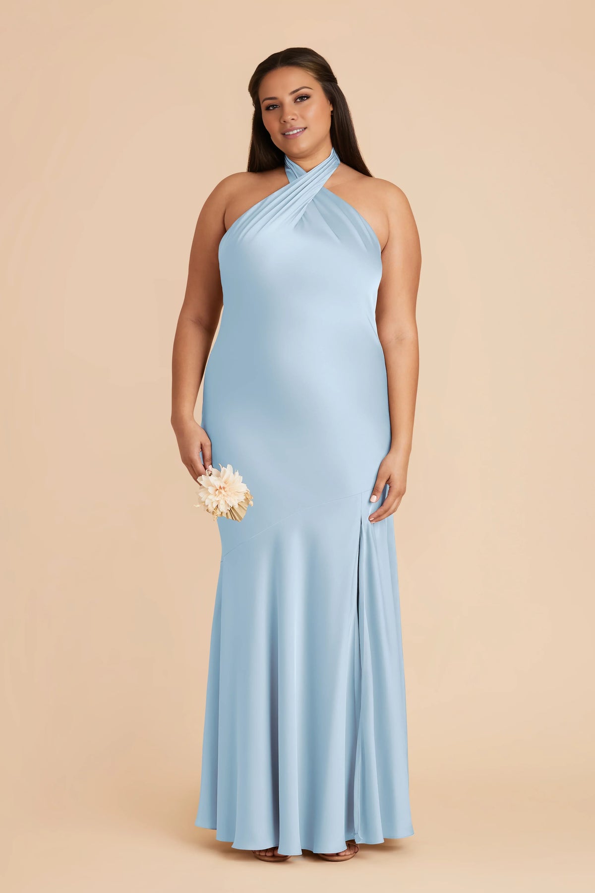 Sky Blue Mermaid Halter Satin Open Back High Slit Floor-Length Wedding Dress - Chloe Dress