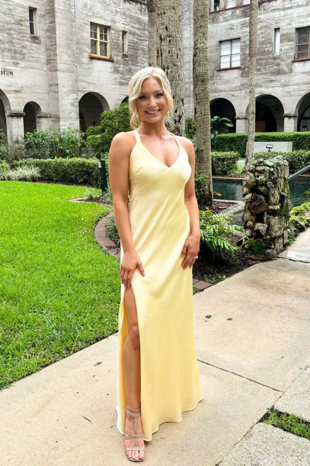 Yellow V-Neck Sleeveless High Slit Evening Dress - Chloe Dress