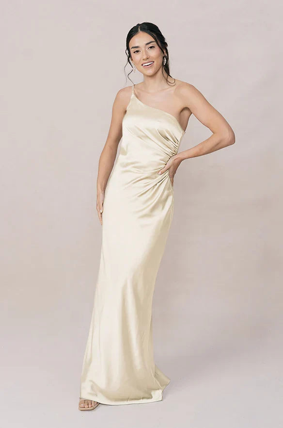 Champagne One-Shoulder Satin High Slit Floor-Length Wedding Dress - Chloe Dress