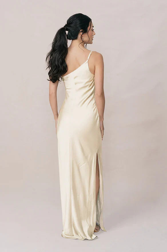 Champagne One-Shoulder Satin High Slit Floor-Length Wedding Dress - Chloe Dress