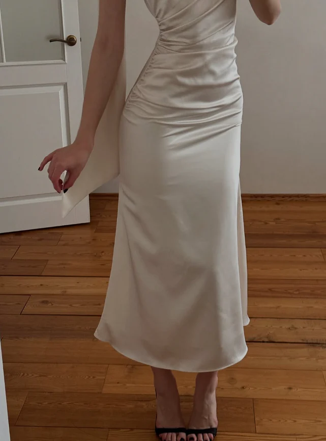 One-Shoulder Satin Sleeveless High Slit Midi Evening Dress - Chloe Dress