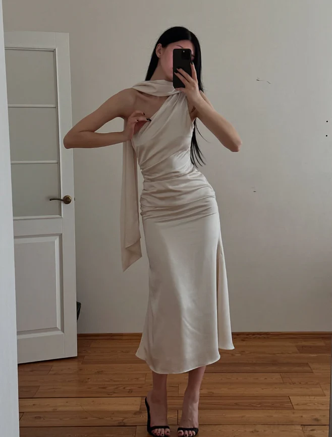 One-Shoulder Satin Sleeveless High Slit Midi Evening Dress - Chloe Dress