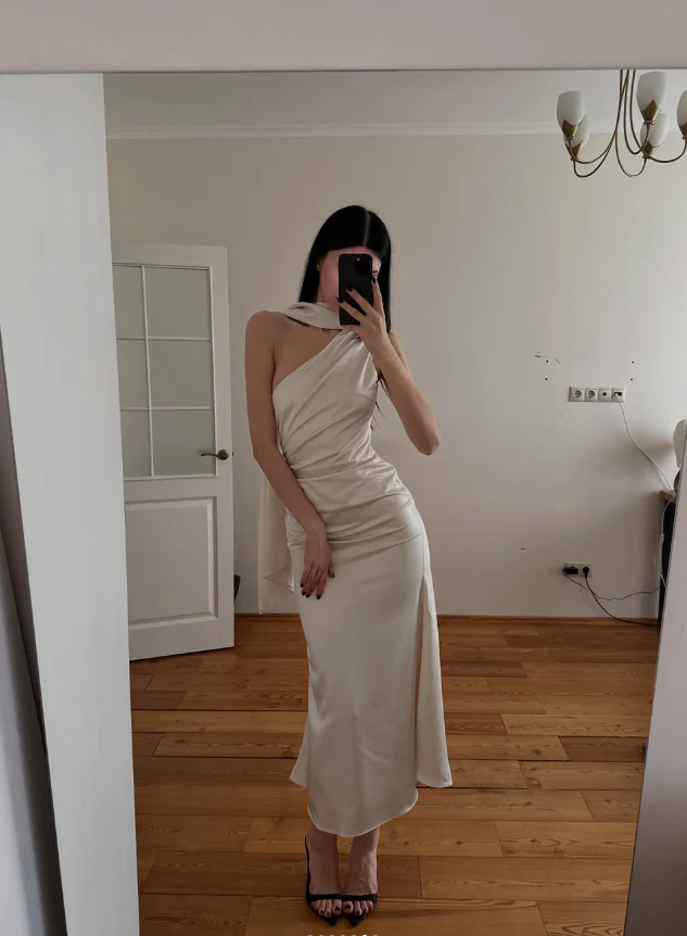 One-Shoulder Satin Sleeveless High Slit Midi Evening Dress - Chloe Dress