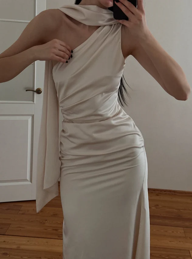 One-Shoulder Satin Sleeveless High Slit Midi Evening Dress - Chloe Dress