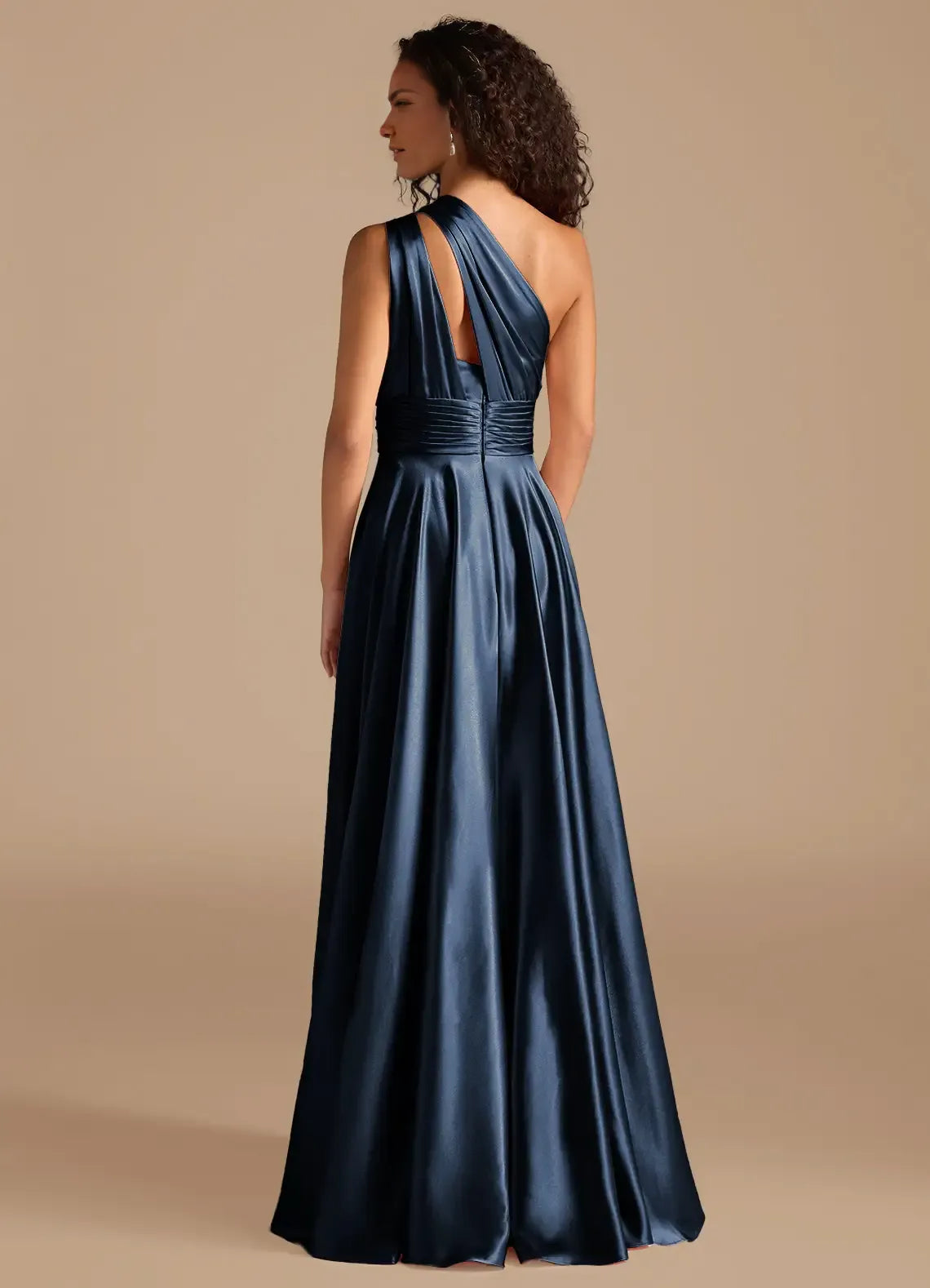 A-Line One-Shoulder Satin Sleeveless Cutout Floor-Length Wedding Dress - Chloe Dress