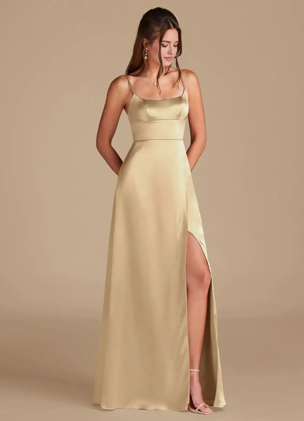 A-Line Spaghetti Strap Satin Button Back Floor-Length Wedding Dress - Chloe Dress