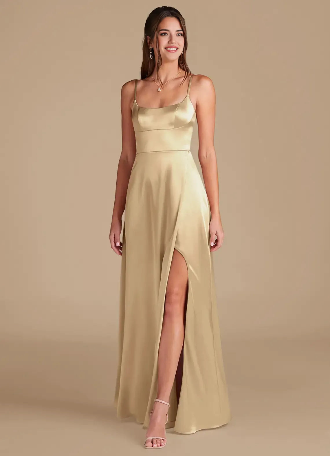 A-Line Spaghetti Strap Satin Button Back Floor-Length Wedding Dress - Chloe Dress